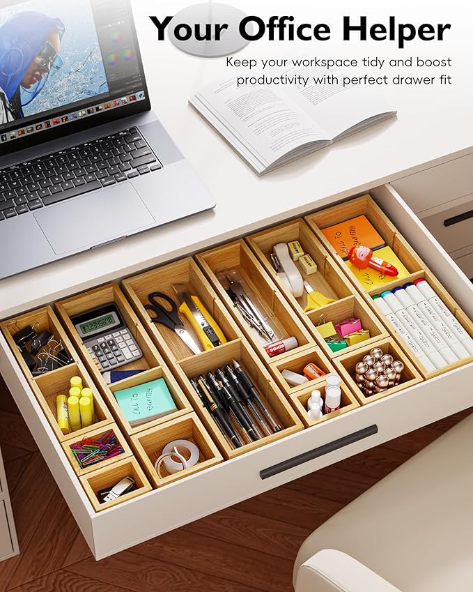 VA1KENE 12-Piece Bamboo Desk Drawer Organizer Set – Adjustable Storage Boxes with 24 Compartments, Non-Slip, Modular Design for Office, Jewelry, Vanity, and Kitchen Utensil Drawer Storage