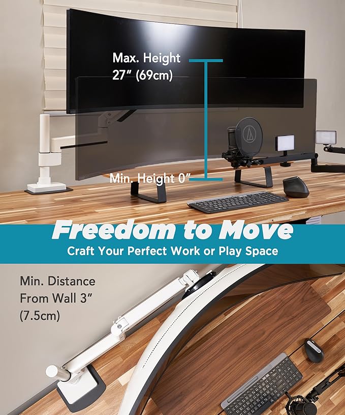 ULTRARM Heavy Duty Monitor Arm for Ultrawide Monitors up to 57" and 44 lbs, Single Desk Stand, Pneumatic Height Adjustable, Modular Extension Arms - Max VESA 100x100, White, MA20PW-S