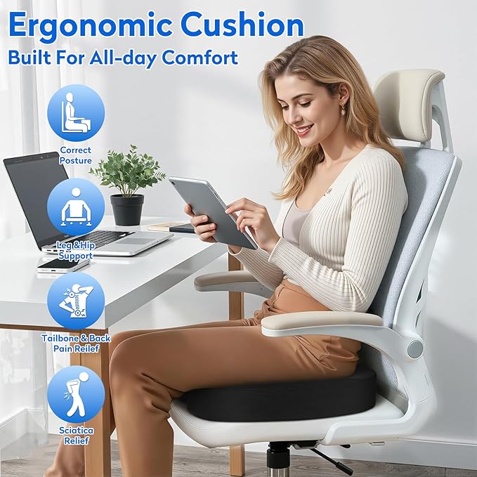CushZone Seat Cushion, Office Chair Cushions, Car Seat Cushion, Non-Slip Sciatica & Back Coccyx Tailbone Pain Relief Chair Pad, Memory Foam Pillow for Computer Desk, Wheelchair, Driving(Black)