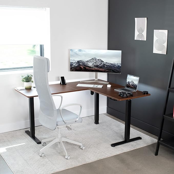 VIVO Electric Corner 63 x 55 inch L-Shaped Standing Desk, Memory Height Adjustment, Dark Walnut Top Black Frame, DESK-E3CTD