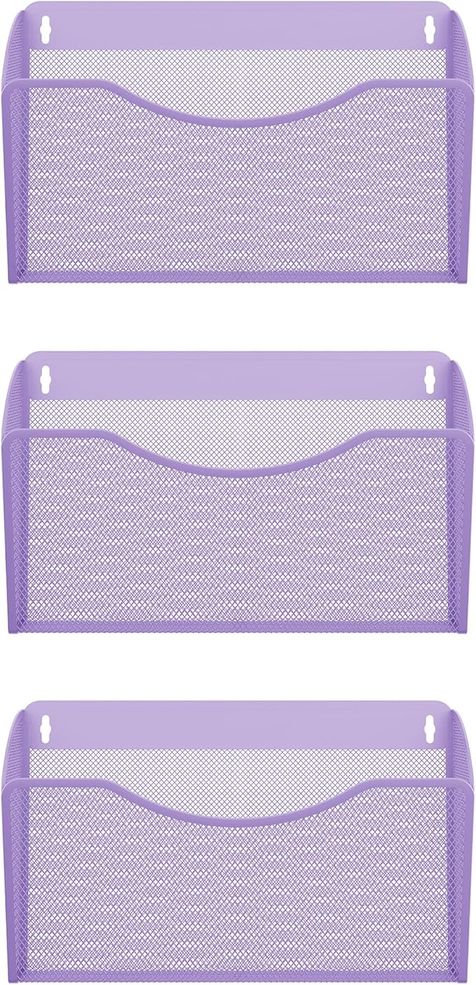 EasyPAG 3 Single Pocket Wall File Organizer, Mesh Hanging File Folder Organizer for Letter/A4 Size Folders, Wall Mounted Vertical Mail Holder for Paperwork, Office, Home, School, Purple