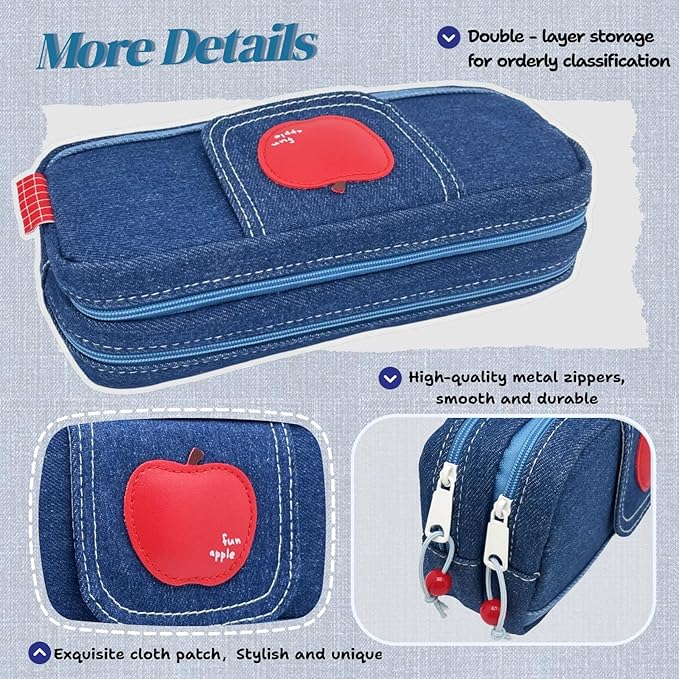 Haumei Canvas Pencil Case Large Capacity, Big Denim Pen Pouch with Zipper, Cute Durable Portable Stationary Storage Bag Organizer for Adults Women, Dark Blue, Apple