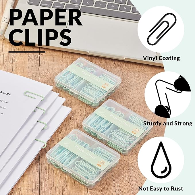 NEEWAY Colorful Paper Clips Assorted Sizes, Small and Large Paperclips, 210 Count, 3 Pack of 70 (Light Green)