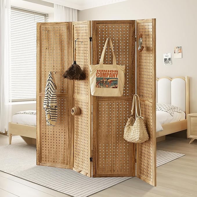 Aleesing 4 Panel Pegboard Display with 16 Hooks, Wooden Room Divider Wall and Folding Privacy Screens, Partition Room dividers, Pegboard Room Divider, Jewelry Store, Bedroom, Balcony, Light Brown