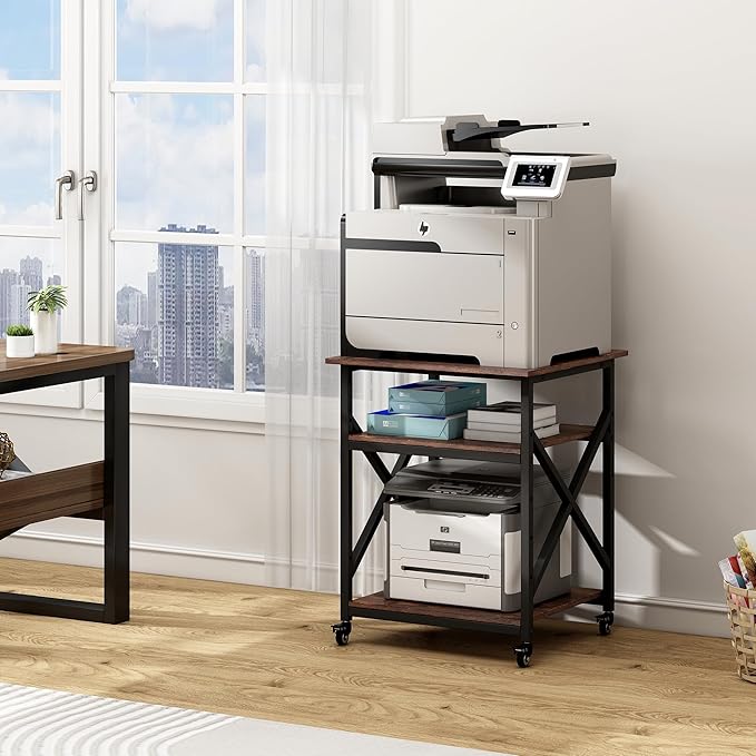 Fannova 23.6 x 23.6 Inches Large Printer Stand, 3 Tier Square Printer Table with Height Adjustable Storage Shelf, Rolling Printer Cart with Industrial Wheels for Home Office - Rustic Brown