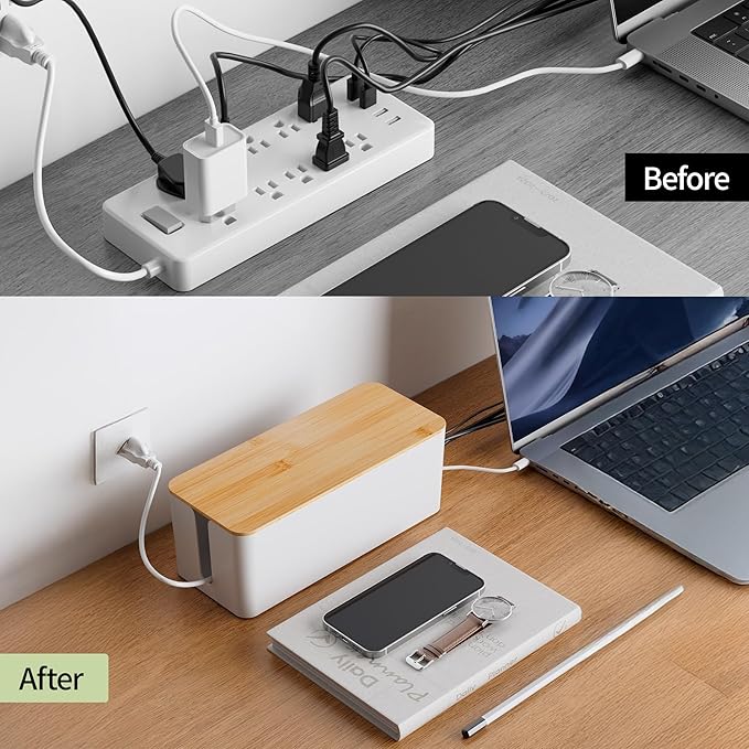 YECAYE 2 Pack Cable Management Box, Wooden Lid & Plastic Body, Medium and Small Cord Organizer Box – Power Strip Cord Organizer, Cable Hider for Home & Office– Baby Proofing