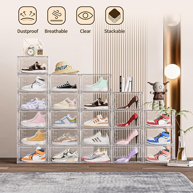 TOFWOF 6 Pack XX Large Shoe Organizer, Heavy-Duty Hard Thicken Plastic Clear Stackable Shoe Storage Box Organizer for Closet, Space-Saving Shoe Rack Display Case Bin Containers for Sneakers, Clear