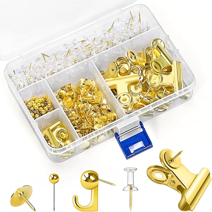 GOOLADA 315Pcs 5 Style Gold Push Pins, Decorative Push Pins, Cute Pushpin Clip, Push Pin Hooks, Gold Metal Thumb Tacks Office Accessories for Cork Board Map Office