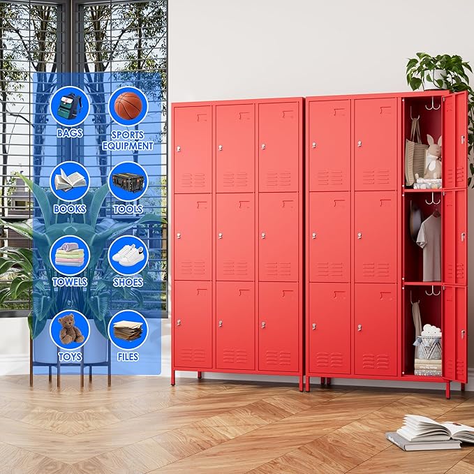 SUPEER 9 Doors Metal Locker with Business Card Holder and 27 Hooks,Metal Locker for Employees with Ventilation Holes for School Garage Office Gym Home,Assembly Required,Red