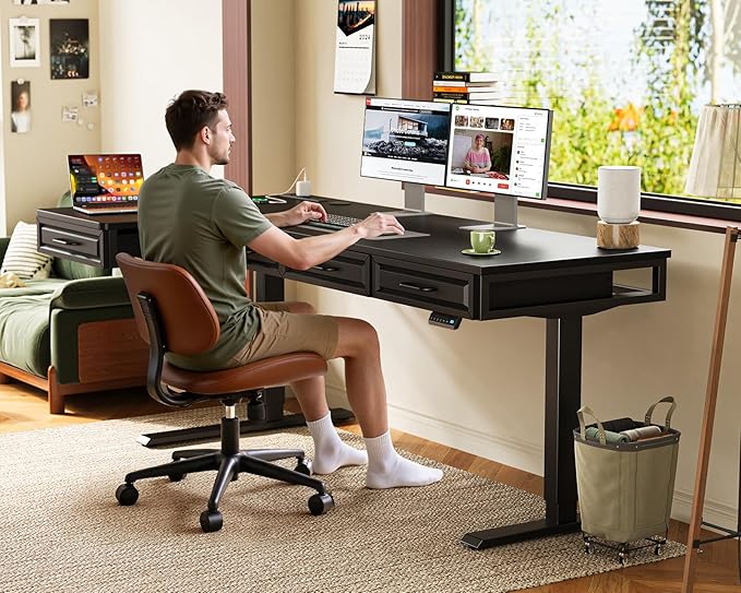 OffiGo L Shaped Electric Standing Desk with Wooden Drawers, 63 Inch Height Adjustable Corner Workstation with Power Outlets, Sit Stand Table for Home, Office, Black