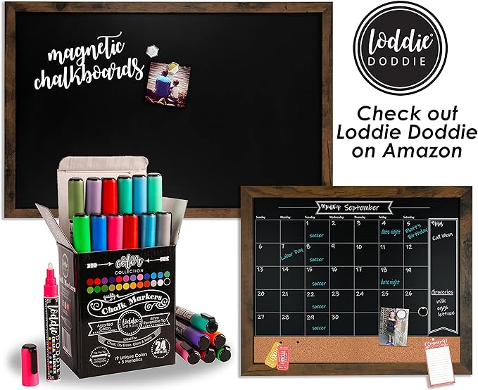 Loddie Doddie Magnetic Chalk Board - 20" x 30", White Rustic Wood Frame - Chalkboard Sign with Erasable Surface - Photo & Note Decorative Magnet Display - Easy Hang Magnetic Boards for Walls
