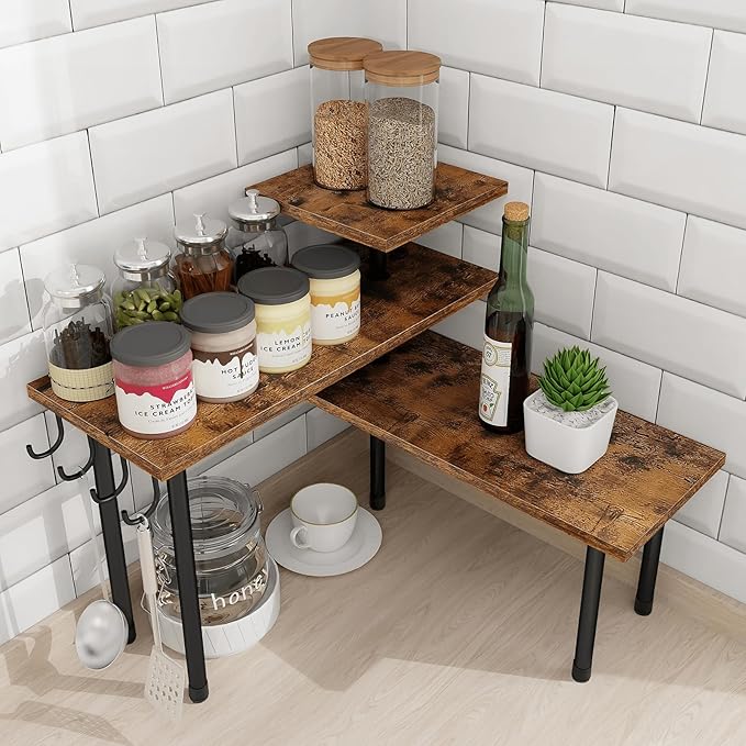 Homode Kitchen Countertop Organizer - 3 Tier Corner Shelf, Bathroom Counter Organizer, Spice Rack, Coffee Bar, Over Sink, Rustic Brown
