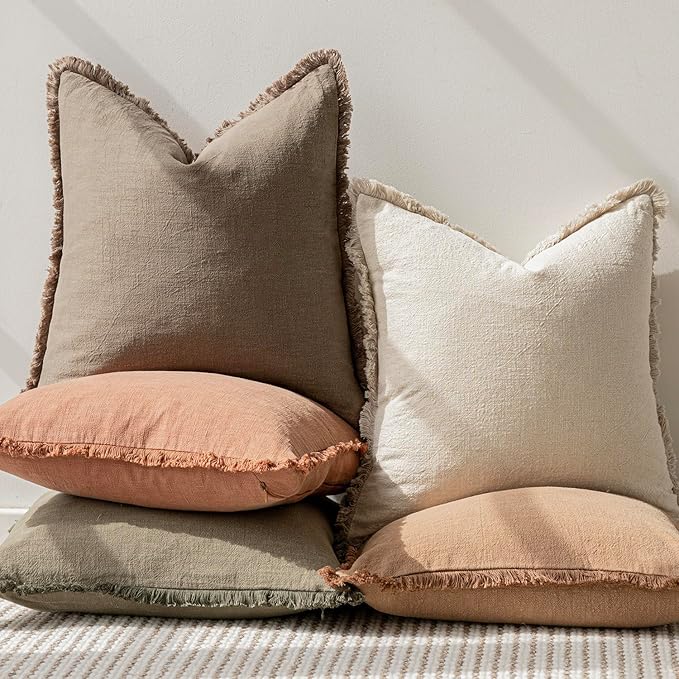 Foindtower Set of 2 Decorative Linen Fringe Throw Pillow Covers Cozy Boho Farmhouse Cushion Cover with Tassels Soft Accent Pillowcase for Couch Sofa Bed Living Room Home Decor, 24×24 Inch, Light Brown