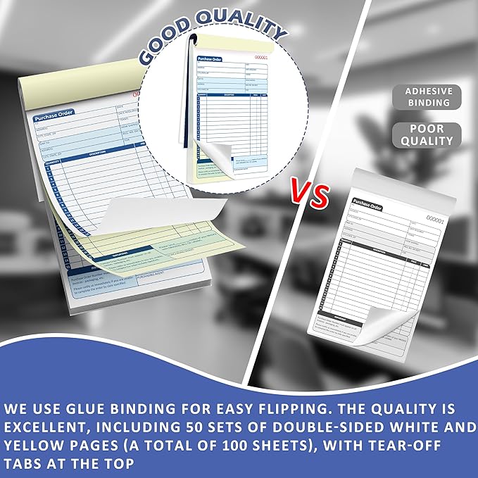 100 Sets Purchase Order Book 5-9/16 x 8-7/16 Inches 2 Part Carbonless Copy Numbered Spiral Bound Purchase Order Forms Receipt Book Invoice Book for Small Business Office (2)