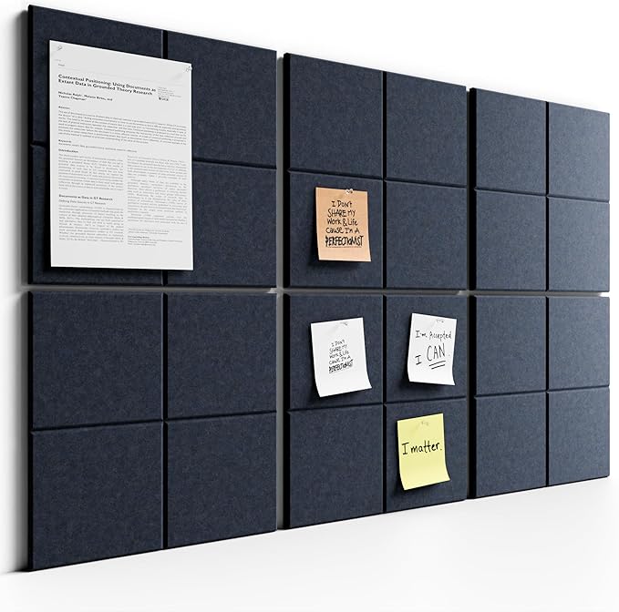 Bumusty Large Cork Board Alternative-36 x24 Felt Bulletin Board Tiles, with 30 Pushpins, 40 Adhesive Tabs, 6-Pack Slat Wall Paneling, Cork Boards for Office Push Pin Felt Board-Deep Charcoal Blue
