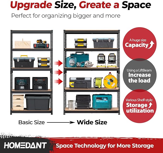 HOMEDANT 5 Tier Storage Shelves Adjustable Laminated Boltless Garage Metal Shelving Unit Heavy Duty Utility Rack Shelf Warehouse Pantry Closet Kitchen (2, (XL Deep) 48.1" W, Black)