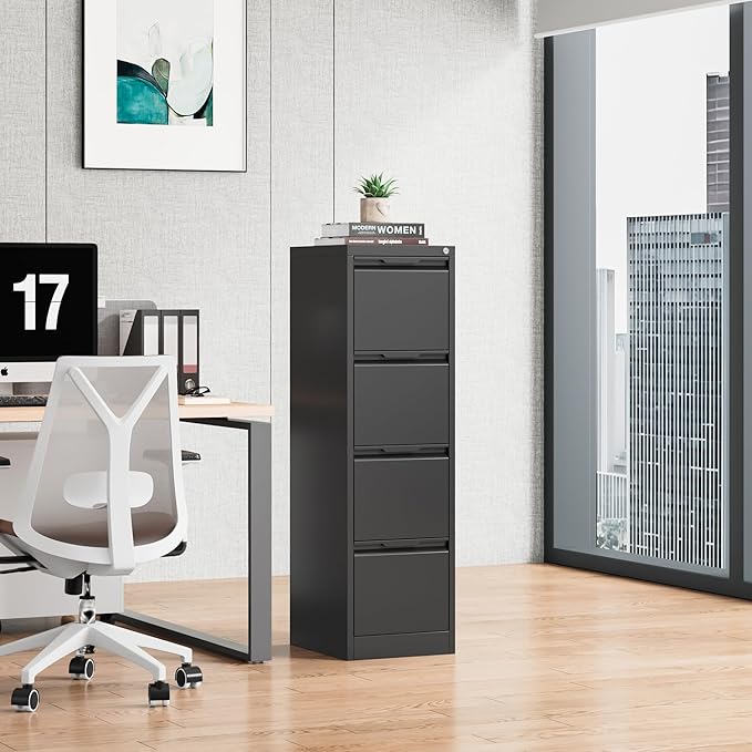 Bestoo 4-Drawer File Cabinet with Lock, Metal Filing Cabinet for Home Office, Vertical Filing Storage Cabinets, Fits File Folders, Letter/Legal/F4/A4 Size, Assembly Required (Black)