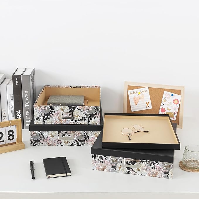 Soul & Lane Decorative Storage Boxes with Lids for Organizing, Set of 3 Floral Jumbo Scrapbook Letter Storage Boxes for Documents, Photos, Keepsakes, Memories, Garden Noir
