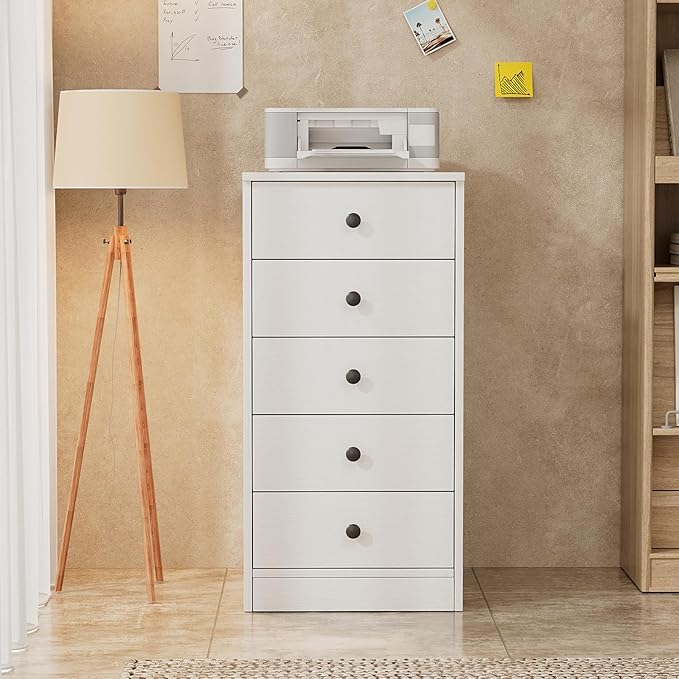 TUSY 5 Drawer File Cabinet - 31.5" H Wood Vertical Filings Chest Under Desk, Classic File Storage Cabinet for Home Office, Small Printer Stand with Drawers, 15.75" W x 19.69" D x 31.5" H, White