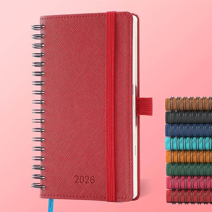 IN-LUXPRO Planner 2026 Daily Weekly and Monthly,6.5"x3.75",12 Months Spiral Bound Calendar Agenda with Self-adhesive Pen Holder,2026 Appointment Book with Vegan Leather Soft Cover,Red
