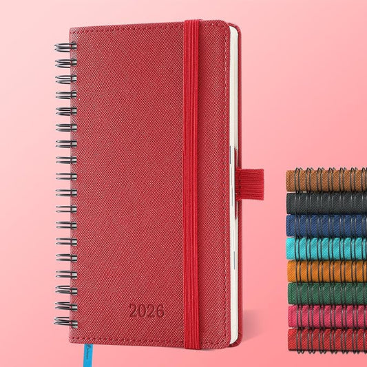 IN-LUXPRO Planner 2026 Daily Weekly and Monthly,6.5"x3.75",12 Months Spiral Bound Calendar Agenda with Self-adhesive Pen Holder,2026 Appointment Book with Vegan Leather Soft Cover,Red