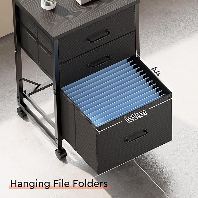 Maihail 3 Drawer Mobile File Cabinet with Wheels Fabric Vertical Filing Cabinet fits A4 or Letter Size for Home Office,Black