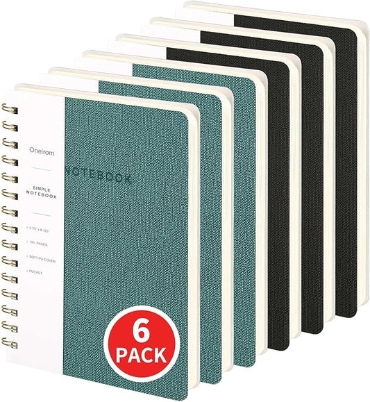 Spiral Notebook-5.75" x 8.125" College Ruled Journal with Inner Pockets and 160 Pages,PU Leather Cover Business Journal, Twin-Wire Binding Notebook Perfect for Office & Home School Supplies 6 pack Black/Green