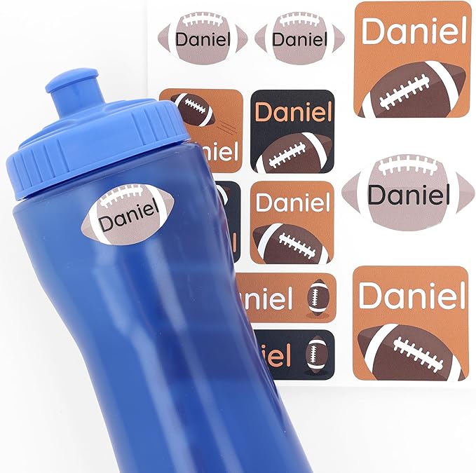Large Name Labels for Kids (33) - Custom Stickers for Daycare and School Supplies - Durable, Waterproof Stickers for Water Bottles, Lunch Boxes, and More with Unique Designs - Football