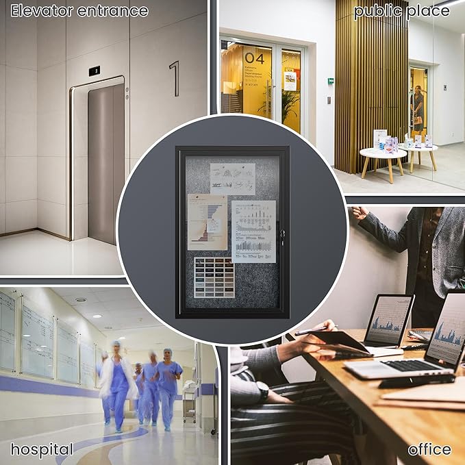 36"x24" Lockable Enclosed Bulletin Board, Outdoor Flet Weather-Resistant Aluminum Frame Notice Board, Wall Mounted Display Case Acrylic Doors for School,Office,Black Frame w/Grey Flet