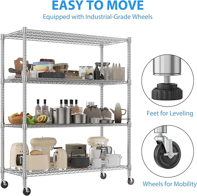 Homdox 4-Tier Heavy Duty Metal Shelves with Wheels - 2400LBS Commercial Adjustable Shelves for Garage, Pantry, Kitchen - 24"x60"x72", Chrome