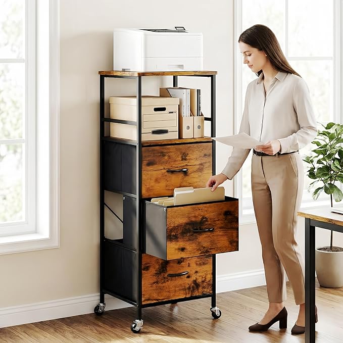 DreamDashio 51" H Tall Mobile File Cabinet, Rolling Printer Stand with 3 Drawers, Adjustable Hanging Rails for A4/Letter/Legal Files, Fabric Vertical Filing Cabinet for Home Office, Rustic Brown