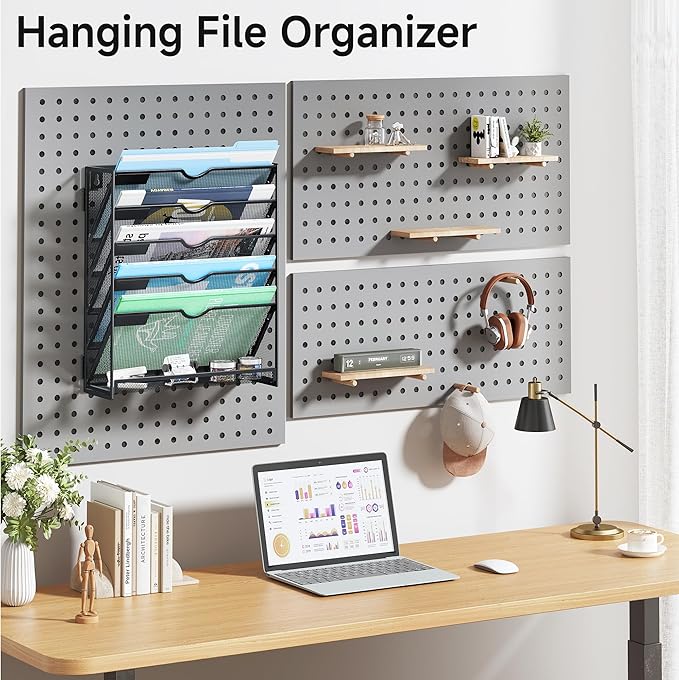 Lavatino 6-Tier Hanging File Organizer, Wall Mount File Holder for Mails Folders Papers Magazine Organization, Vertical Document Organizer for Office Home - Black
