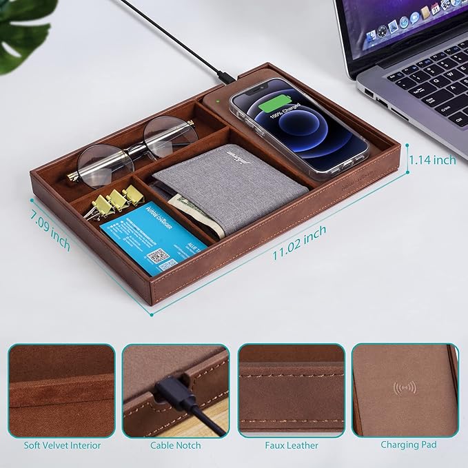 Valet Tray, Built in Wireless Charging Pad, Nightstand Organizer, Dresser Organizer, Mens Jewelry Box, Valet Charging Station, Faux Leather Valet Tray for Men and Women, Brown