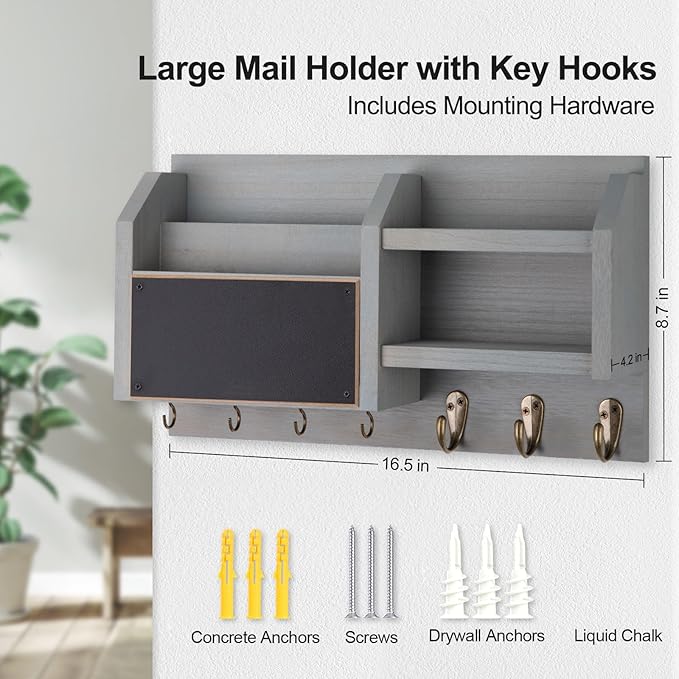 Lwenki Mail and Key Holder – Wall Mount Key Hanger with Shelf and 7 Metal Hooks – Decorative Natural Paulownia Wood Entryway Organizer with Mounting Hardware (16.5”W x 8.7”H x 3.5”D) (Gray)