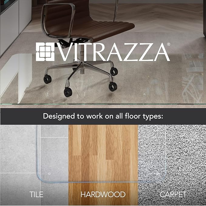 Vitrazza Glass Chair Mat 46” x 60” Superior ¼ Thick, Luminoso Low-Iron Ultra Clear, Certified Tempered Safety Glass, Delivers a Smooth Glide, Protects Carpet or Wood, Beautiful in Home or Office.