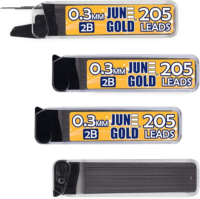 June Gold 820 Pieces, 0.3 mm 2B Lead Refills, 205 Pieces Per Dispenser, Extra Fine Thickness, Break Resistant Lead/Graphite (Pack of 4 Dispensers)