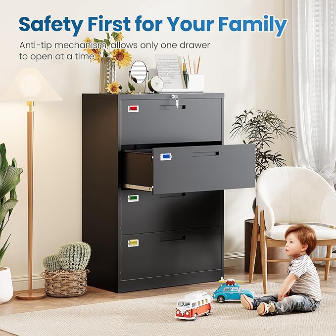 PEUKC 4 Drawer File Cabinet, Lateral Filing Cabinets for Home Office, Office Storage Drawers with Lock, Hanging Files Legal/Letter A4 Size (Assemble Required,Black)