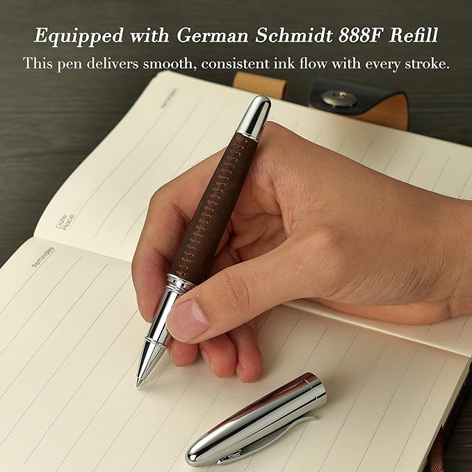 BEILUNER 318 Luxury Leather Pen, Full Grain Oil Tan Crazy Horse Cowhide Leather, Chrome-Plated Finish, Schmidt Ink Refill, Best Rollerball Pen Gift for Men & Women,Executive, Professional, Nice Pens