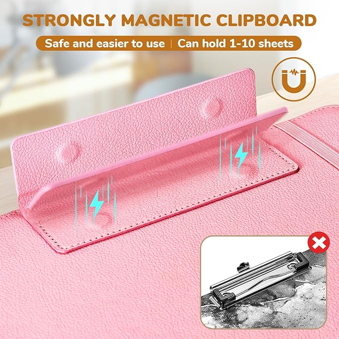 JoyCat 3 Ring Binder Clipboard with Storage,12.4"x10.2"Magnetic Clipboard Folder with 5 Expandable Folders,Refillable Lined Notepad (11" x 8.5"),Ideal for School Office Nursing(Pink)
