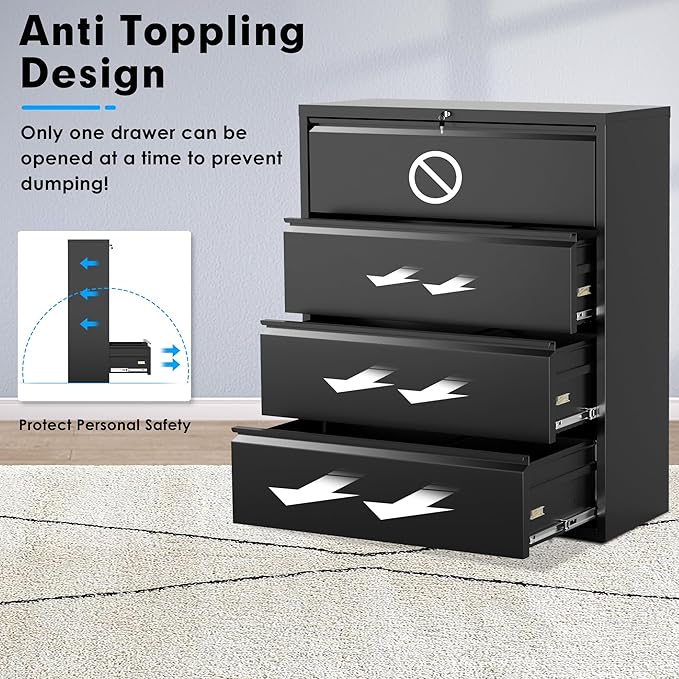 Pataku 4 Drawer File Cabinet with Lock, Metal Lateral File Cabinets for Home Office 4 Drawer, Locking Filling Cabinets for Hanging Files Letter/Legal/F4/A4 Size (4Drawer/Black)