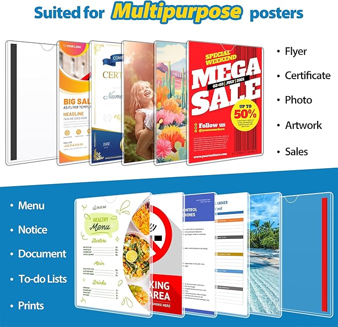 Magnetic Sign Holder 8.5 x 11 Wall Sign Holder 5Pack, Rigid Plastic Door Sign Holder Magnetic Frame with Magnetic Tapes and Adhesive Tapes, Adhesive Display Frame for Fridge Window Wall Display