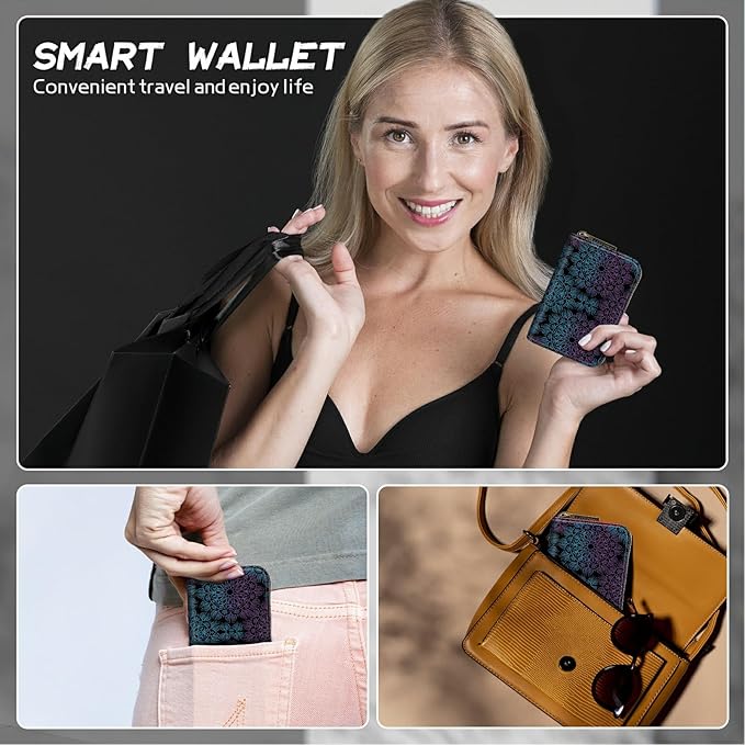 BWEGRHE Cute Credit Card Holder with Zipper, Purple Blue Mandala RFID-Blocking Card Case Small Wallet for Women Men, Multi-slot Card Organizer Case Travel Accordion Wallet