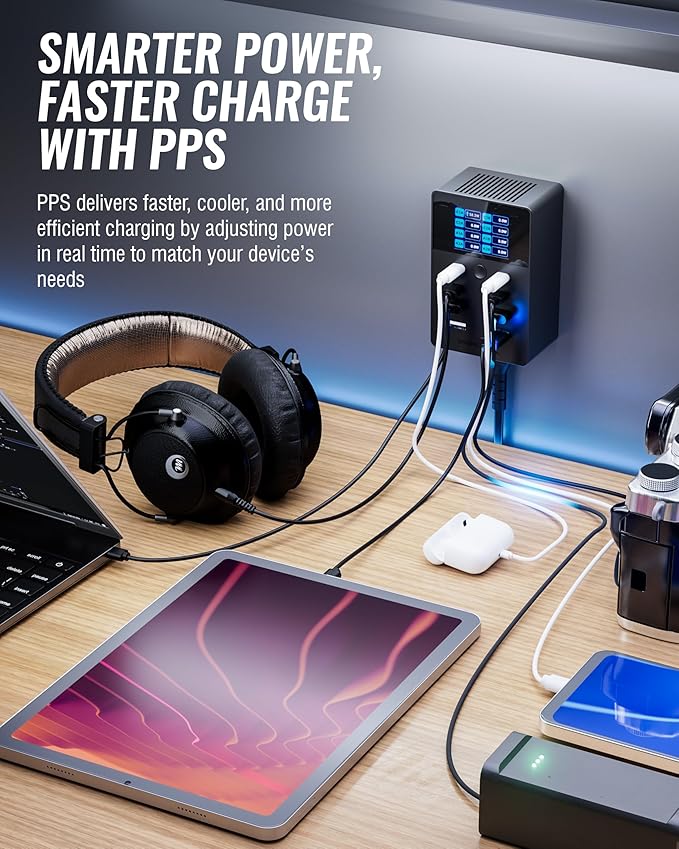 SABRENT Charger, 252W 8-Port Desktop Charging Station w/Real-Time LCD Display, UL Certified | USB C/A, Compatible with MacBook, iPhone, Samsung Galaxy, and Tablets