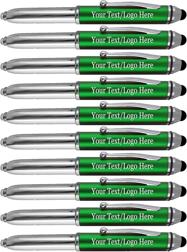 Promotional Pens with your Personalized Text or Custom Business Logo- Bulk 150 Pack- for Marketing, Parties, and Events, 3 in 1 LED Flashlight + Ballpoint Pen + Stylus for Touchscreen Devices, Green