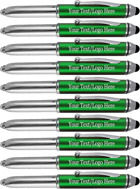 Promotional Pens with your Personalized Text or Custom Business Logo- Bulk 150 Pack- for Marketing, Parties, and Events, 3 in 1 LED Flashlight + Ballpoint Pen + Stylus for Touchscreen Devices, Green