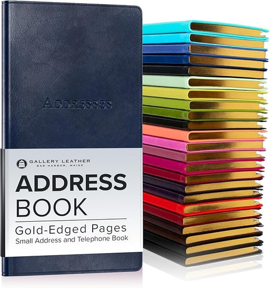 Gallery Leather Small Address Book with Alphabetical Tabs up to 403 Records, Leather Notebook Hardcover, Telephone and Address Books - 6x3.25", Pocket Address, Acadia Navy