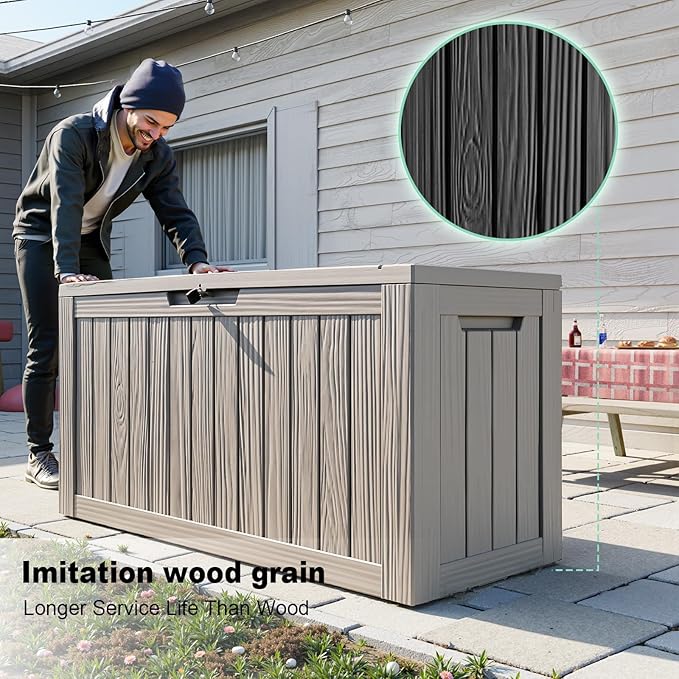 EasyUp 90 Gallon Deck Boxes Waterproof, Outdoor Large Storage Boxes with Lids, Outside Resin Storage Box & Deck Boxes for Patio, Garden Use(Gray)
