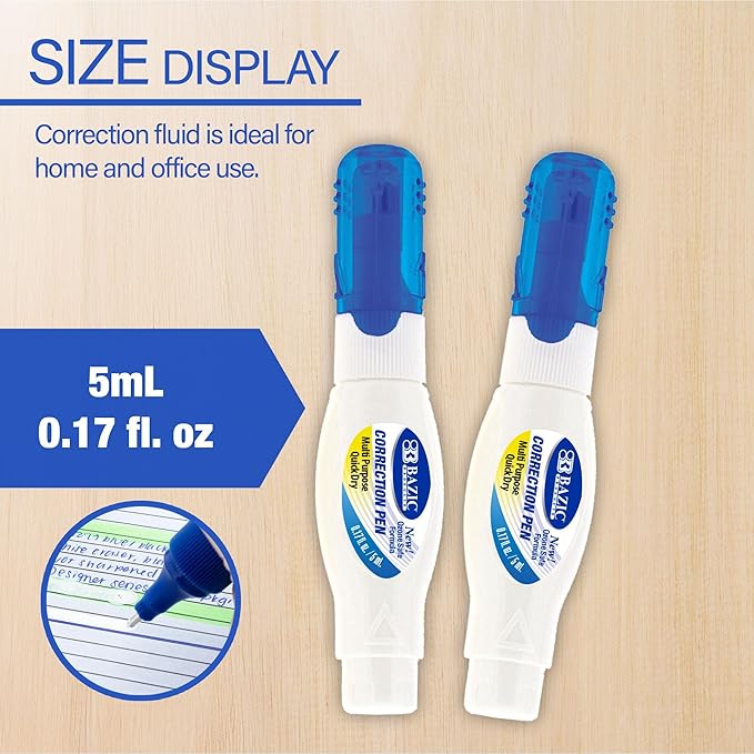 BAZIC Products Correction Pen – Corrections Fluid, Precise Metal Tip White Out, Ideal for School & Office Supplies, Alternative to Correction Solution, 2/Pack, 1-Pack
