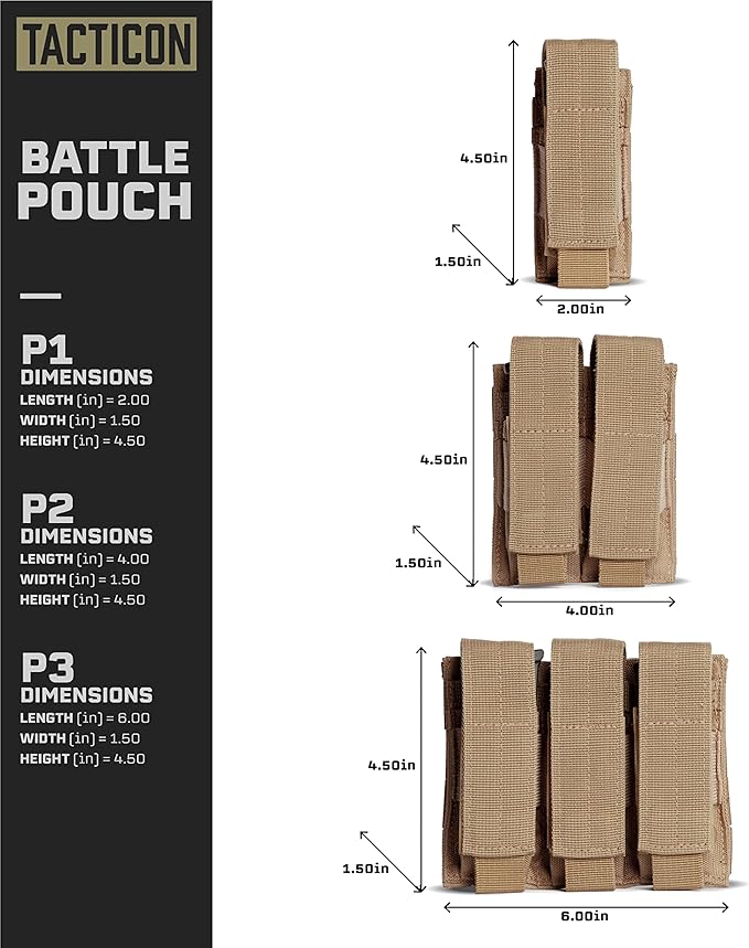Tacticon P1 P2 P3 BattlePouch | Universal Pistol Mag Pouch | Combat Veteran Owned Company | Molle Single Double Triple Pistol Magazine Holster for Ammo | Tactical Bag Accessories Holder