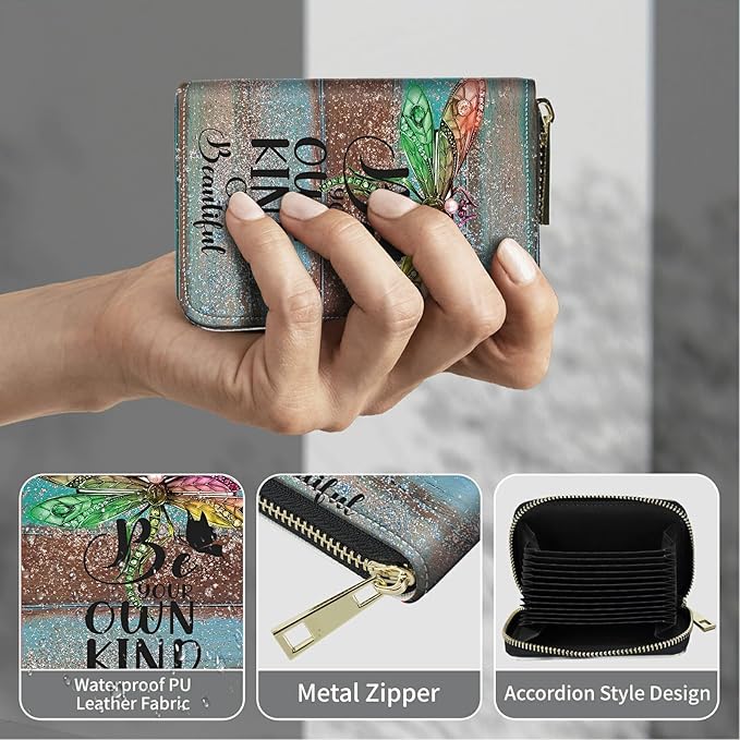 BWEGRHE Cute Credit Card Holder with Zipper, Dragonfly Glitter Wood RFID-Blocking Card Case Small Wallet for Women Men, Multi-slot Card Organizer Case Travel Accordion Wallet